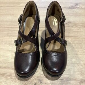 Clarks Womens Mary Jane Pumps  Burgandy Leather Block Heel Dress casual Shoes 5M